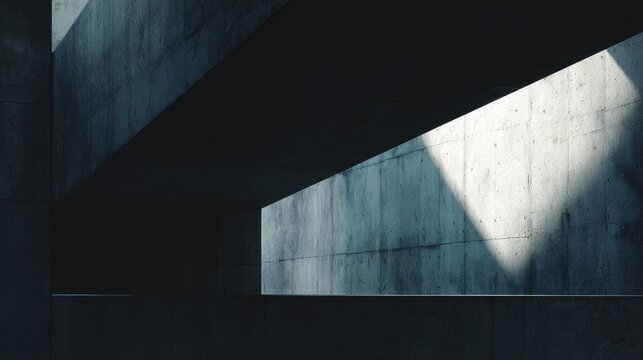 Dark Brutalist Concrete Interior with Dramatic Sunlit Abstract Structure