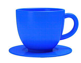 A bright blue, 3D-rendered teacup and saucer with a grid overlay