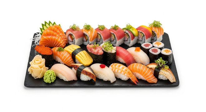Delicious sushi platter isolated on white background featuring a variety of fresh nigiri, maki, and sashimi, perfect for a japanese cuisine feast