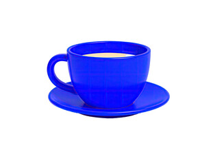 Vibrant blue ceramic cup and saucer hold a light-colored liquid on a black backdrop