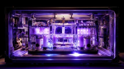Obraz premium Genetic Sequencing Equipment with Purple Illumination in Lab