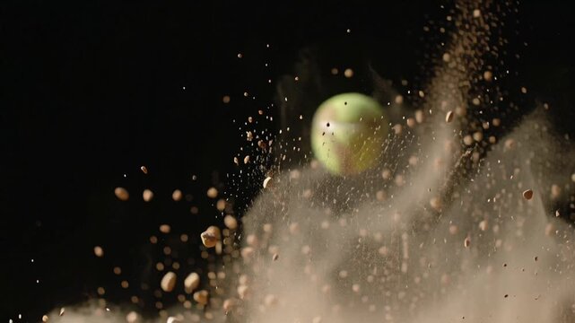 Super Slow Motion Detail Shot of Tennis Ball with Clay Explosion . Filmed on High Speed Cinematic Camera at 1000 fps