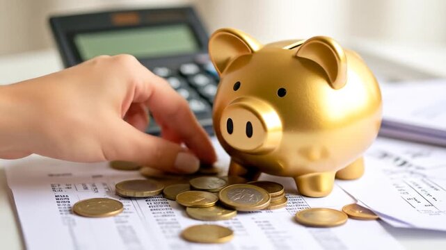 Concept of Financial Planning and Savings with a Golden Piggy Bank and Coins representing wealth