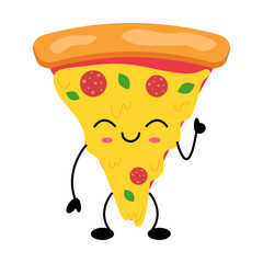 Kawaii pizza slice character with cheerful expression and colorful toppings for fun designs