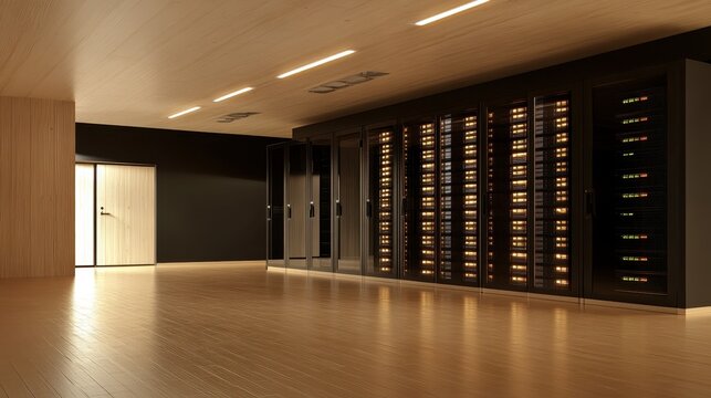 Modern Server Room with Data Storage Systems and Lights