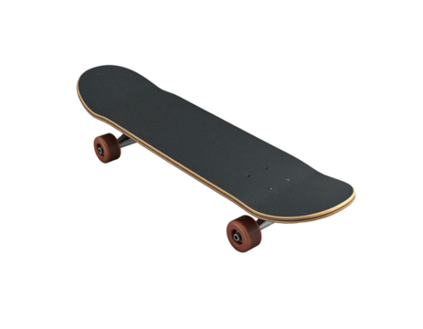 Simple angled view of a skateboard; black grip tape, four wheels, on black background