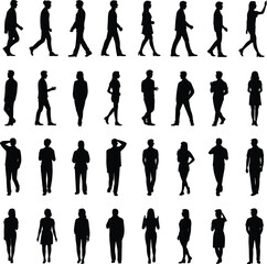 Set of walking and standing people silhouettes, diverse men and women poses, casual lifestyle, urban crowd, isolated on white background