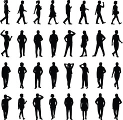 Set of walking and standing people silhouettes, diverse men and women poses, casual lifestyle, urban crowd, isolated on white background