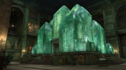 Giant Green Crystal Structure Illuminated Inside A Dark Room