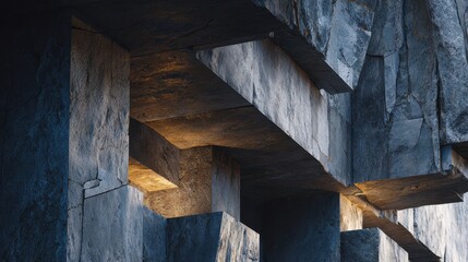 Abstract dark stone or concrete structure with dramatic warm and cool light