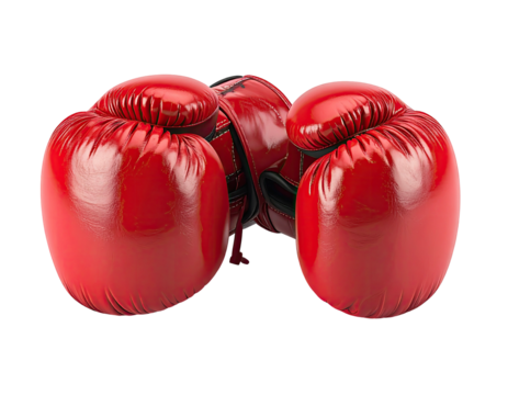 Glossy red boxing gloves and headgear set against a stark black background