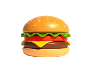3D render of a classic hamburger bun, lettuce, tomato, cheese, patty on a black background