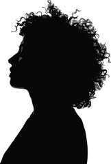 Silhouette of woman with curly hair in profile, faceless female figure, side view, dark outline on white background
