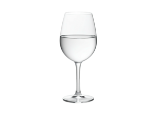 A clear wine glass, half filled with liquid, stands centered against a black backdrop