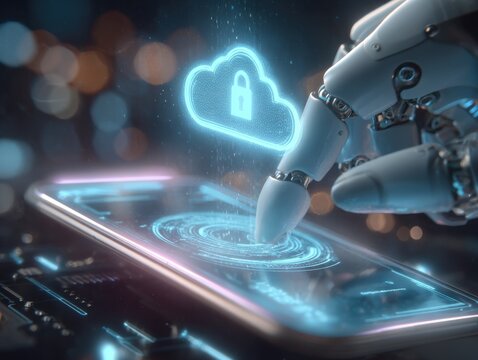 A robotic hand touches a smartphone screen, activating a cloud symbol with a lock.