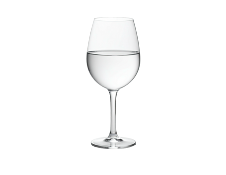A clear wine glass, half filled with liquid, stands centered against a black backdrop
