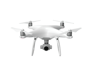 White quadcopter drone with camera and propellers against a black background