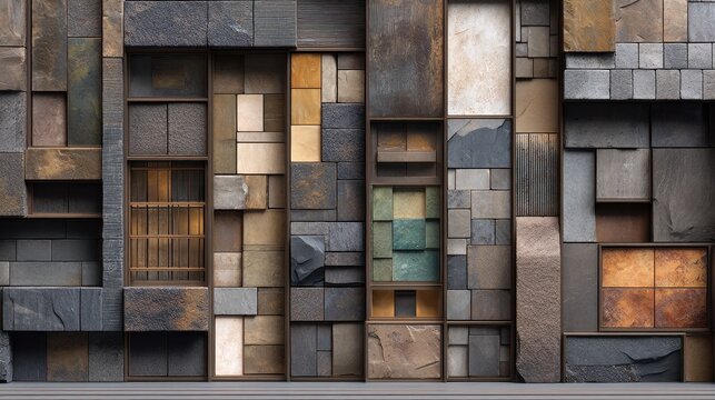 Contemporary Mixed Material Wall Design with Geometric Panels and Shelves - Powered by Adobe