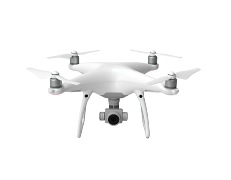 White quadcopter drone with camera and propellers against a black background