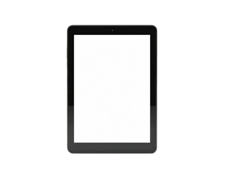 Front view of a black tablet with a blank, white screen