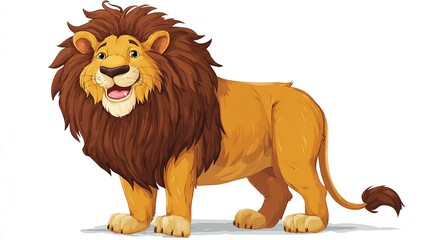 Obraz premium Smiling, cartoon lion stands proudly, facing forward, with a lush brown mane and a long, curved tail