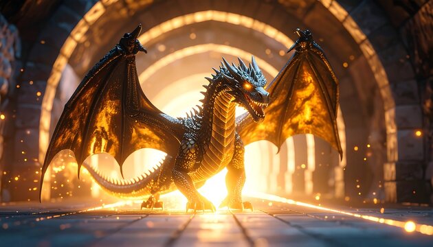 Majestic Dragon Standing in Illuminated Stone Hallway with Glowing Wings