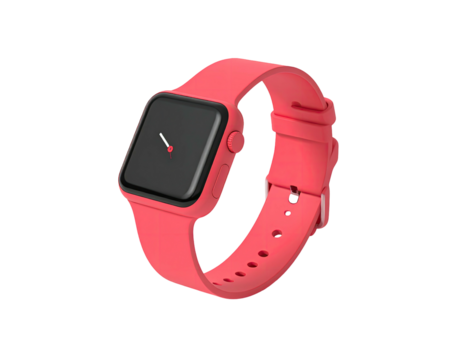 A digital, square smartwatch with a red band, set against a black background