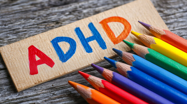 ADHD AUTISM written with colored pencils on wooden background.