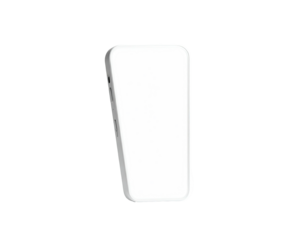 A white smartphone appears angled, against a solid black background