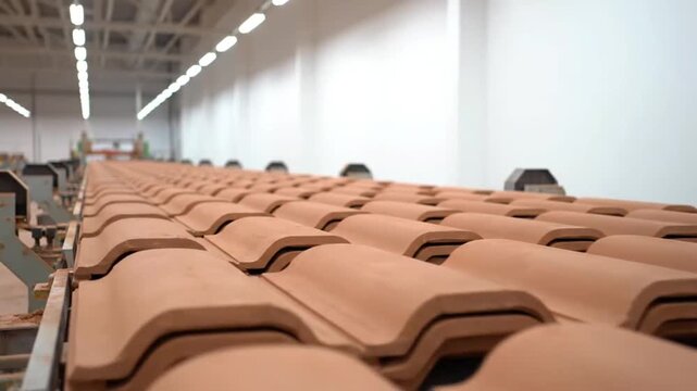 Production line of terracotta roof tiles in a factory setting.