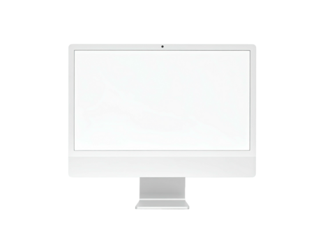 Front view of a modern desktop computer with a bright white screen