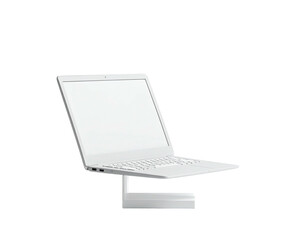 A white laptop, slightly open, elevated by a white stand. Pure white background
