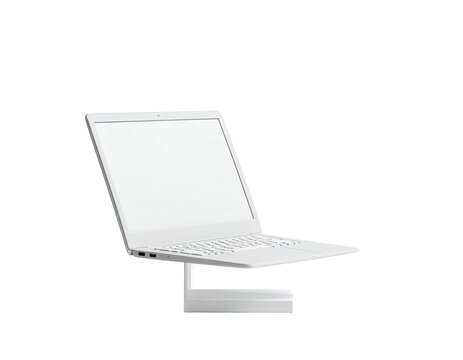 A white laptop, slightly open, elevated by a white stand. Pure white background