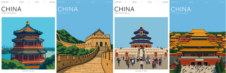 Vector illustrated post stamps of iconic landmarks in China. Summer Palace, Great Wall, Temple of Heaven, Forbidden City. Covers of Beijing for posters, background, icons and stickers.