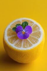 Lemon slice topped with purple flower on yellow background