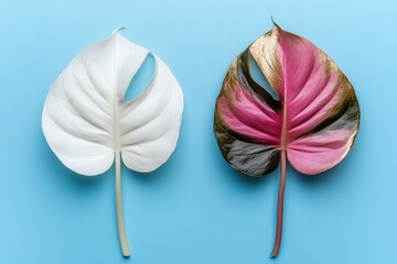 Two leaves white, and pink/green, on a blue background