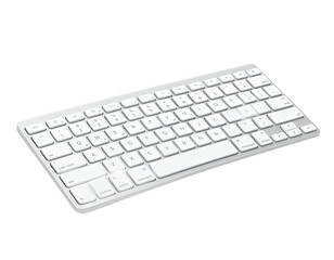 Isometric view of a wireless, white, rectangular keyboard against a black background