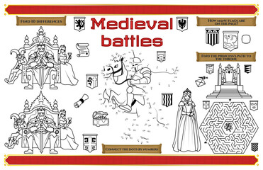 Festive placemat for children. Printable activity sheet "Medieval battles" with a labyrinth, connect the dots and find differences. 17x11 inch printable vector file