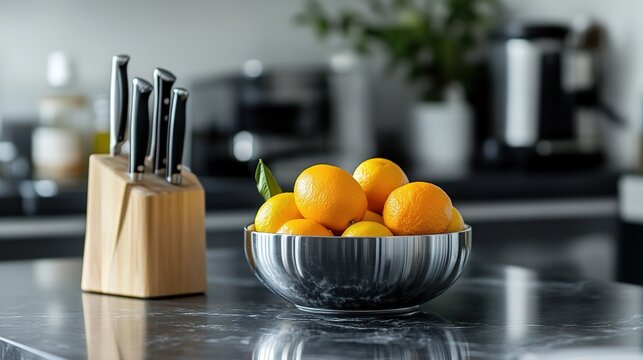 Kitchen counter with fruit and knives