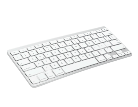 Isometric view of a wireless, white, rectangular keyboard against a black background