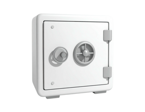 3D render of a white, heavy-duty safe with a combination dial and handle