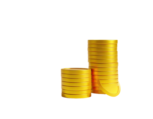 Two stacks of golden coins on black background, one taller than the other