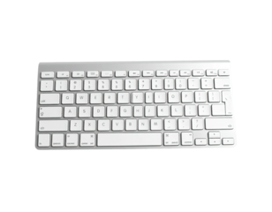 A modern, silver-toned, wireless keyboard with white, rectangular keycaps