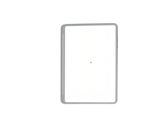 Rectangular tech gadget with a bright, white screen; black background