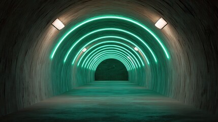 Green Neon Illuminated Tunnel with Modern Design