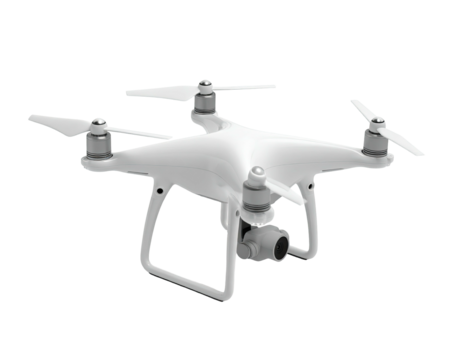 A white quadcopter drone isolated on black, showcasing its camera and propellers