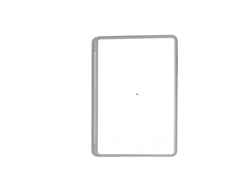 Rectangular tech gadget with a bright, white screen; black background