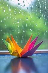 Rainbow crane near window with rain droplets