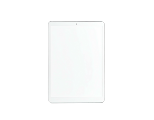Silver rectangle tablet with white screen, surrounded by black