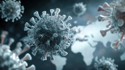 Coronavirus cell close up floating over a world map illustration